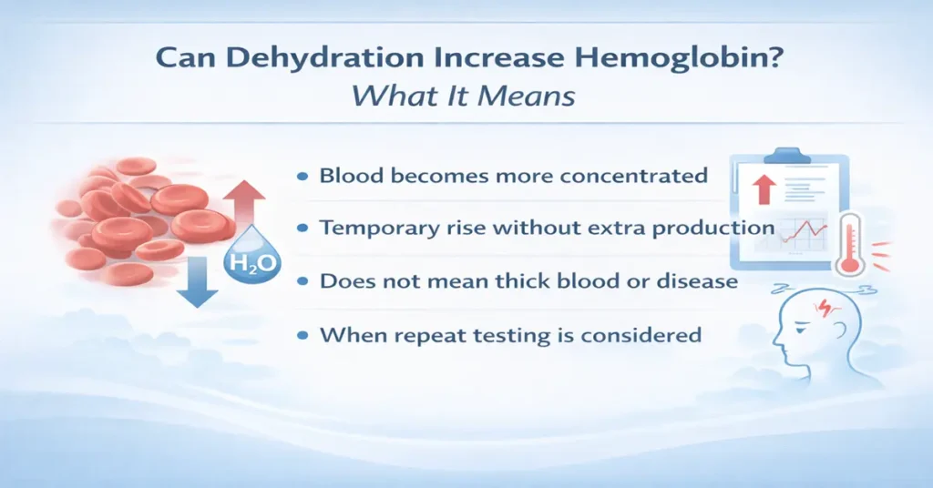 Medical illustration showing how dehydration can increase hemoglobin levels by concentrating blood and when repeat testing is needed