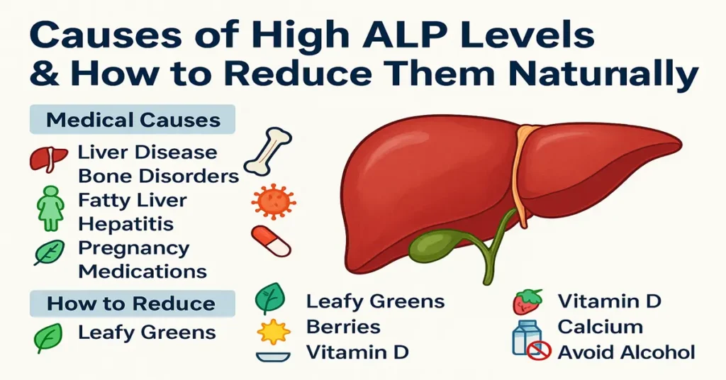 Infographic explaining the causes of high ALP levels and how to reduce them naturally, showing liver illustration, bone disorder icons, fatty liver, pregnancy, hepatitis, and tips like leafy greens, berries, vitamin D, calcium and avoiding alcohol