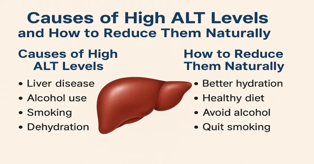 Infographic showing causes of high ALT levels and ways to reduce them naturally, including liver disease, alcohol use, smoking, dehydration, hydration and healthy diet tips with a liver illustration