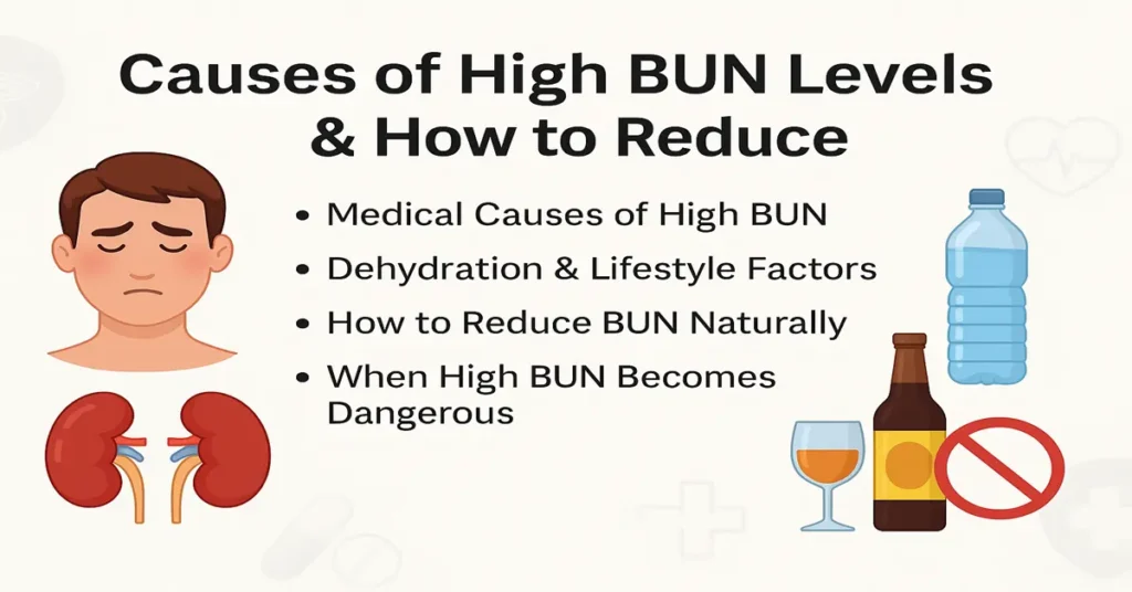 Medical featured image showing causes of high BUN levels, dehydration factors, natural ways to reduce BUN, and when high BUN becomes dangerous.