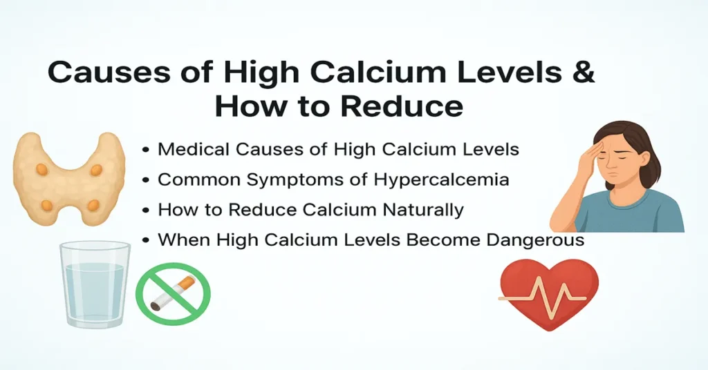 Featured image explaining causes of high calcium levels, symptoms of hypercalcemia, natural ways to reduce calcium, and when high calcium becomes dangerous, with clean medical graphics.