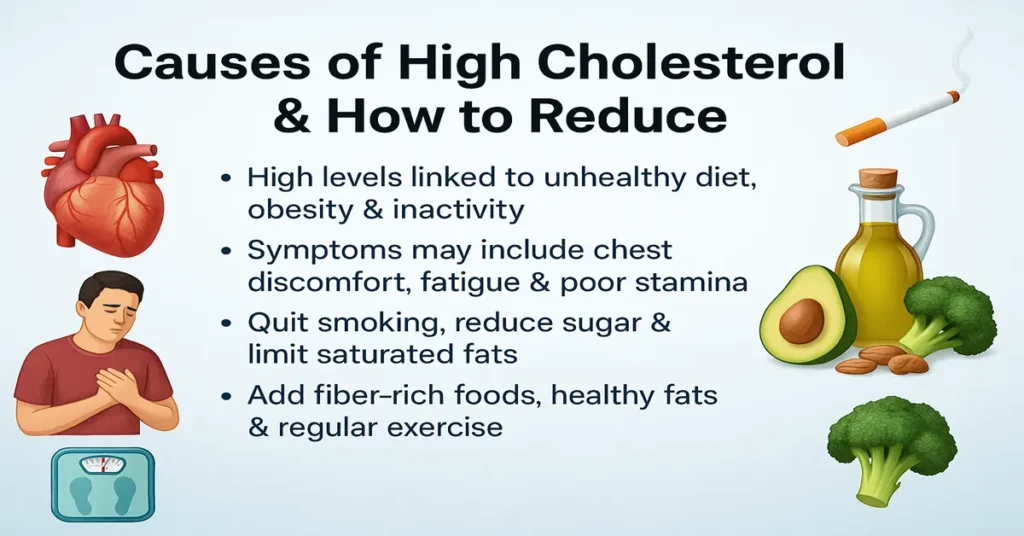 Medical featured image showing causes, symptoms, and natural ways to reduce high cholesterol levels with heart, food, and lifestyle graphics.