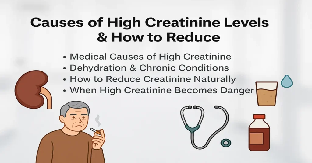 Medical featured image showing causes of high creatinine, dehydration and chronic conditions, natural ways to reduce creatinine, and when high creatinine becomes dangerous.