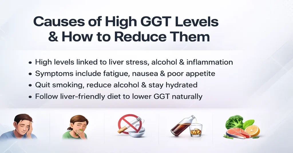 Medical featured image showing causes of high GGT levels, symptoms, lifestyle changes, and liver-friendly diet icons in a clean layout.