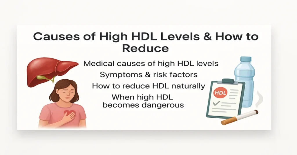 Medical featured image showing the topic “Causes of High HDL Levels & How to Reduce” with four bullet points on medical causes, symptoms and risk factors, natural ways to reduce HDL, and when high HDL becomes dangerous, along with realistic liver, symptoms, hydration, and lifestyle graphics.