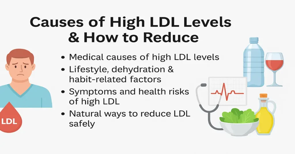 Medical infographic showing causes of high LDL levels, lifestyle and dehydration factors, symptoms, and natural ways to reduce LDL with clean health-related graphics.