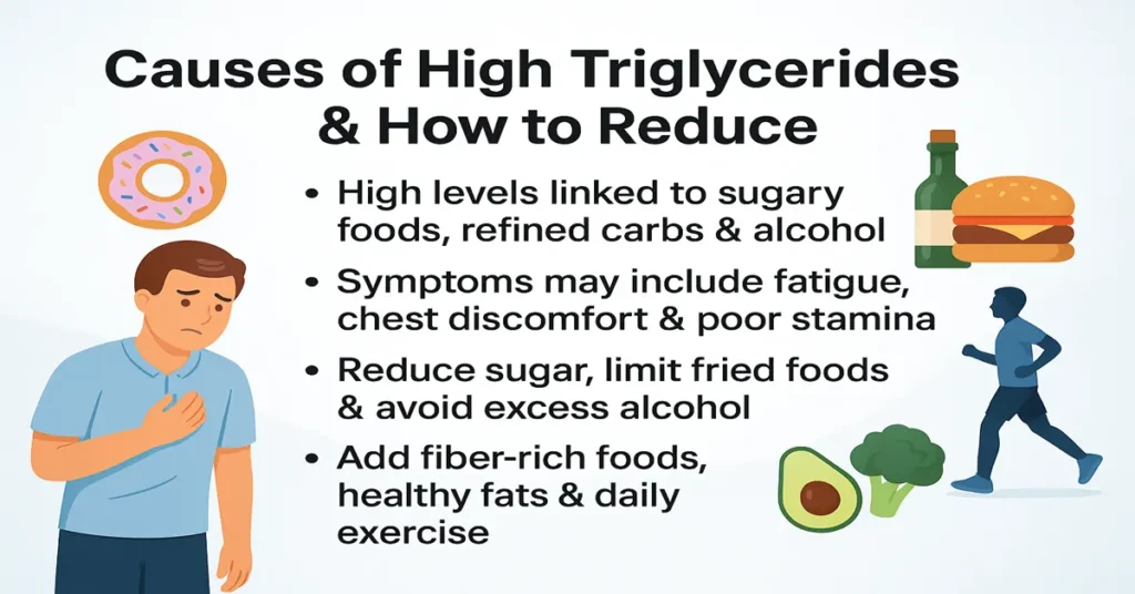 Medical featured image showing causes of high triglycerides, symptoms, and natural ways to reduce triglyceride levels with food, lifestyle, and symptom graphics.