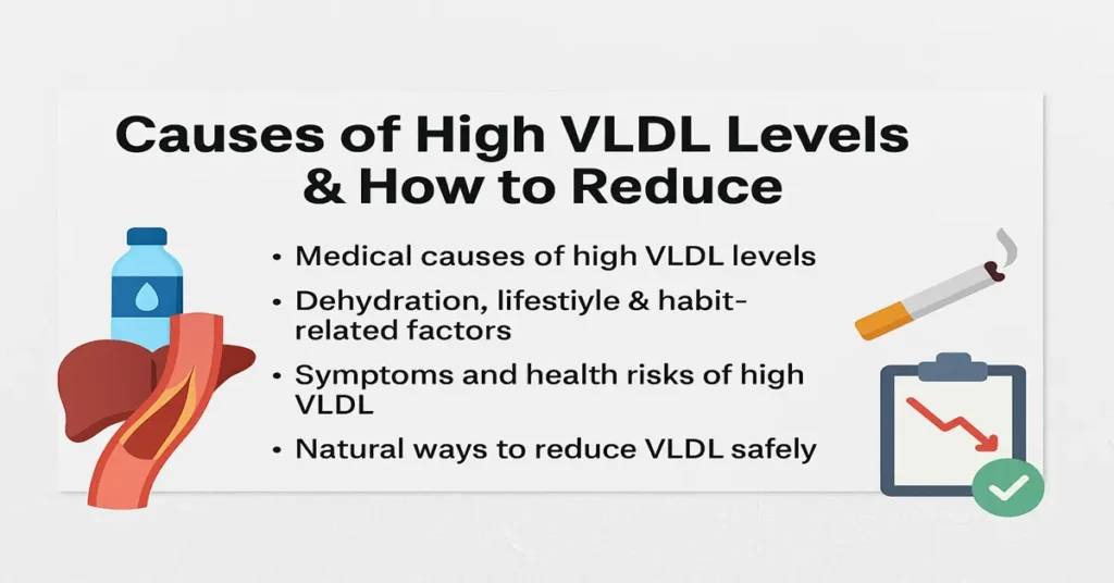 Medical infographic showing causes of high VLDL levels, dehydration and lifestyle factors, symptoms, and natural ways to reduce VLDL, with clean medical graphics.