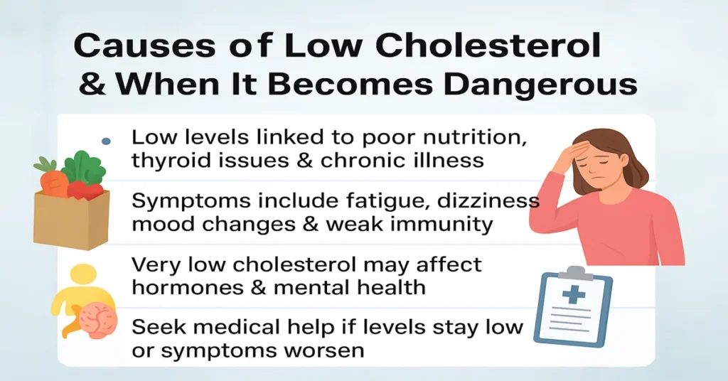 Medical featured image explaining causes, symptoms, risks, and warning signs of low cholesterol with supportive graphics and clean layout.