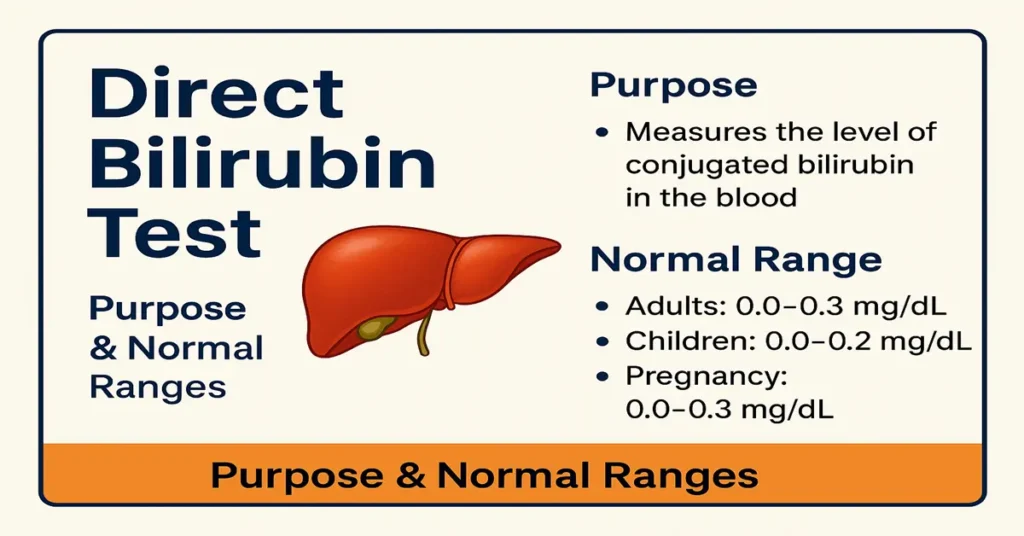 Medical infographic showing the Direct Bilirubin Test purpose and normal ranges with a liver illustration