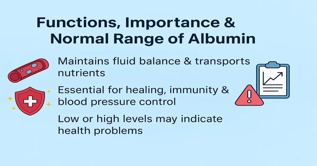 Medical featured image showing albumin functions, importance, normal range, and key health points with supportive graphics.