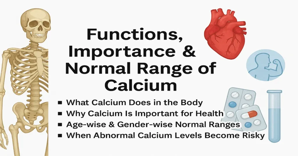 Featured image explaining the functions of calcium, its importance for health, normal calcium ranges by age and gender, and risks of abnormal calcium levels, shown with medical-themed graphics.
