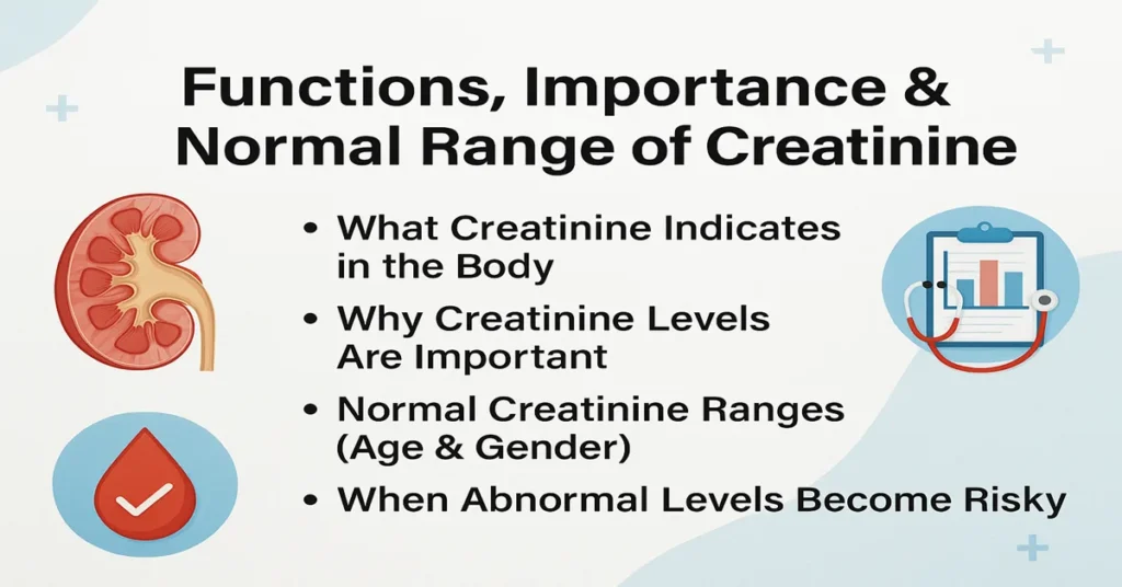 Medical featured image explaining what creatinine indicates in the body, why creatinine levels are important, normal creatinine ranges by age and gender, and when abnormal levels become risky.