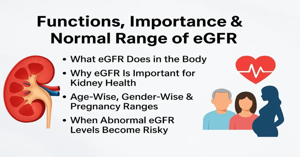 Medical featured image showing functions, importance, and normal ranges of eGFR with kidney graphics, health icons, and clear bullet points in a clean professional layout.