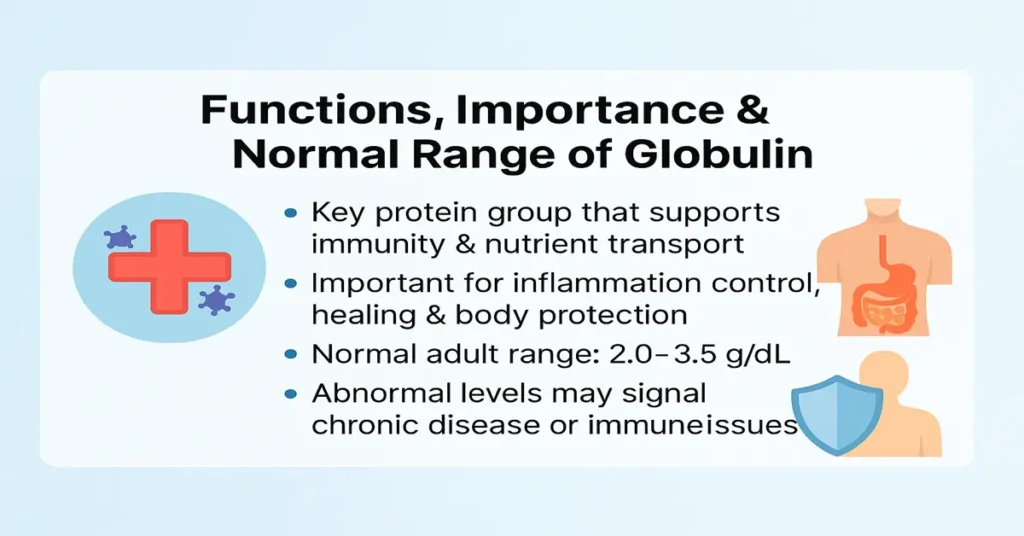 Medical featured image showing globulin functions, importance, normal ranges, and health-related icons on a clean medical layout.