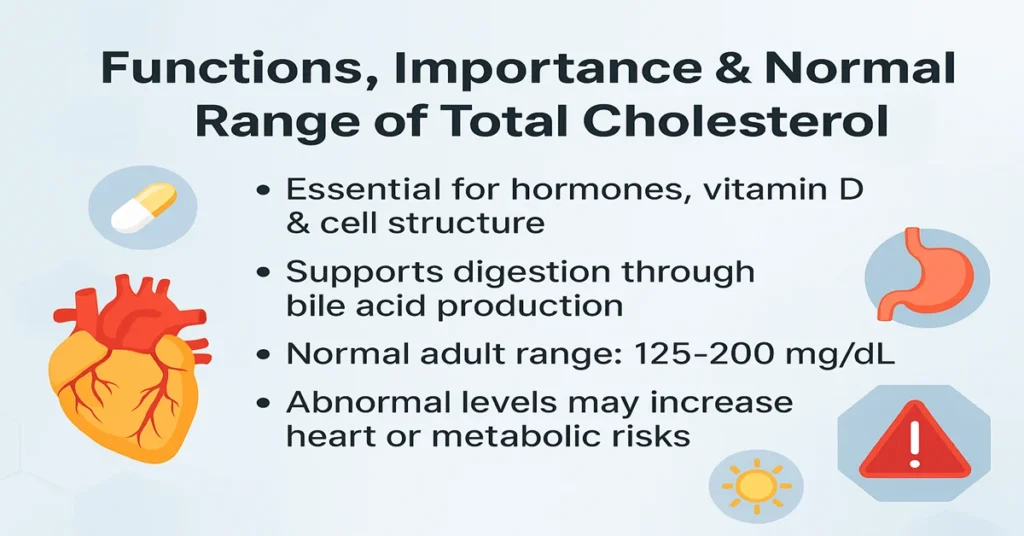 Medical featured image explaining total cholesterol functions, importance, normal range, and associated health risks with heart, digestion, and warning icons.