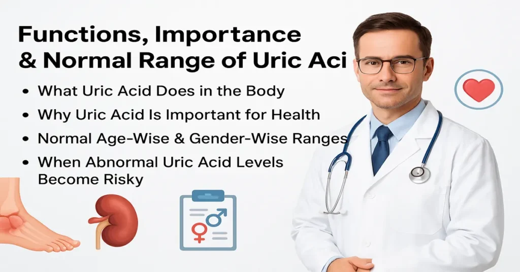 Featured image explaining the functions, importance, and normal age-wise and gender-wise ranges of uric acid, with medical graphics and clear bullet points.
