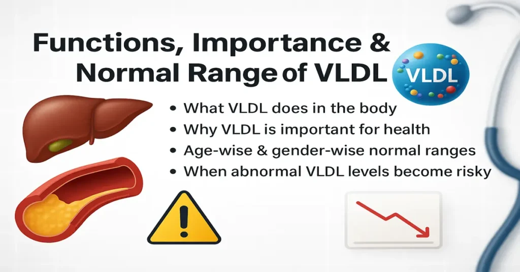 Medical infographic explaining the functions, importance, and normal ranges of VLDL cholesterol with icons of liver, artery, warning symbol, and VLDL molecule.
