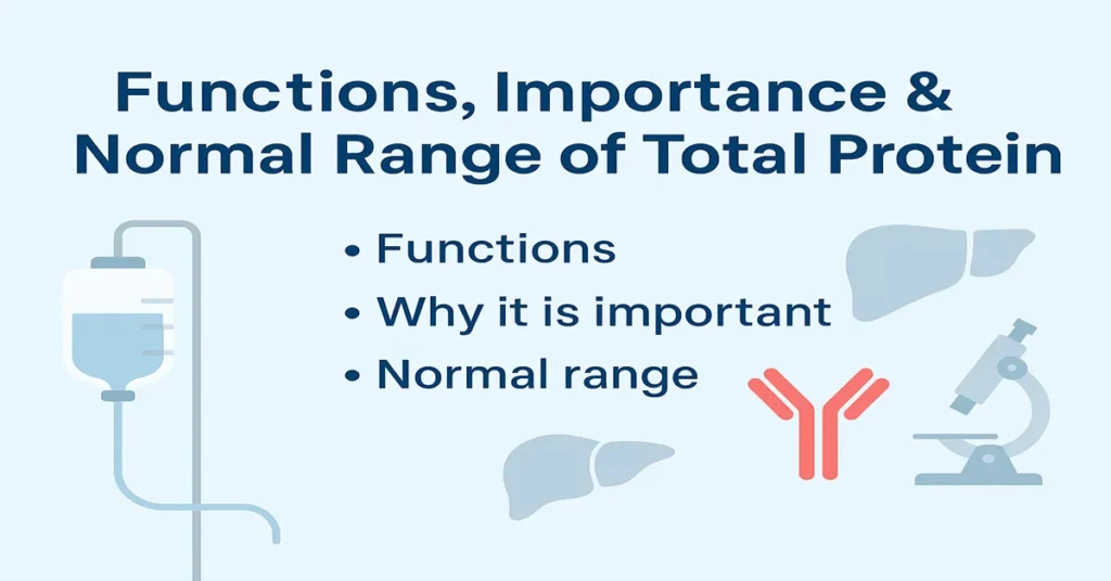 Featured image explaining the functions, importance, and normal range of total protein with medical icons and clean layout.