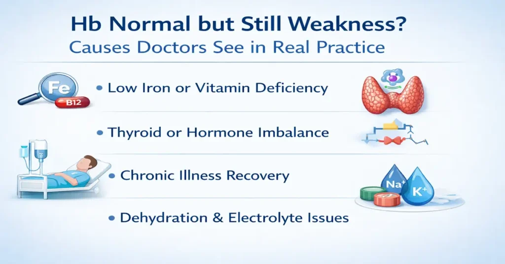 Hb normal but still weakness showing medical causes like vitamin deficiency, thyroid imbalance, dehydration and illness recovery