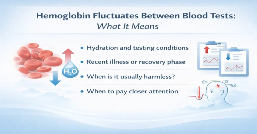 Medical illustration explaining why hemoglobin fluctuates between blood tests and how doctors interpret these changes