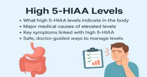 Infographic explaining high 5-HIAA levels with causes, symptoms, and safe doctor-guided management tips.