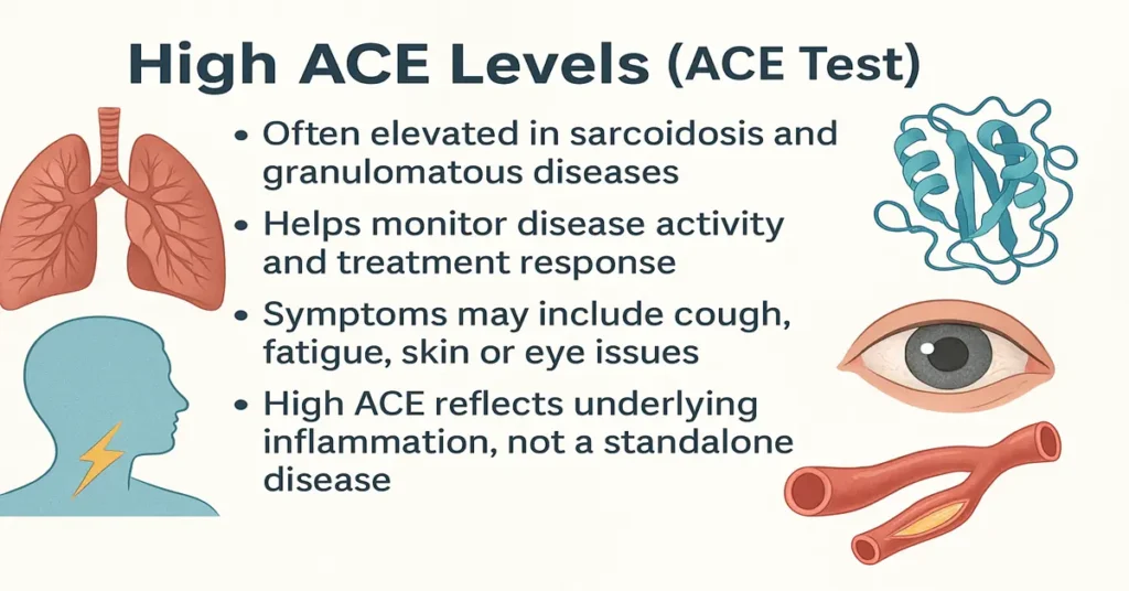 Medical infographic explaining High ACE Levels with bullet points on sarcoidosis and granulomatous diseases, monitoring disease activity, symptoms such as cough, fatigue, skin or eye issues, and the role of ACE as an inflammation marker. Includes lungs, enzyme structure, eye, and blood vessel graphics.