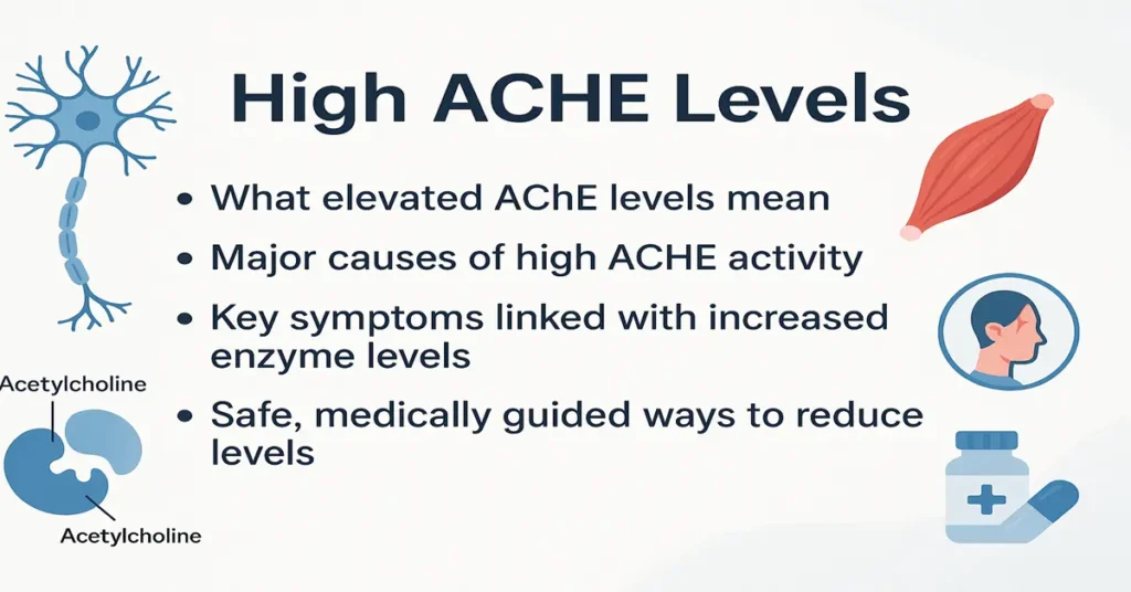 Premium medical graphic titled “High AChE Levels,” showing nerve and muscle icons with four centered bullet points explaining elevated AChE levels, major causes, key symptoms, and safe ways to reduce enzyme activity.