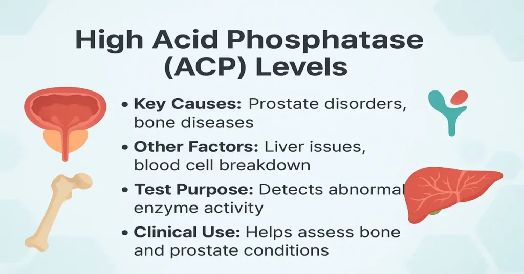 High Acid Phosphatase (ACP) Levels infographic showing key causes, other factors, test purpose, and clinical use with prostate, bone, liver and enzyme icons.