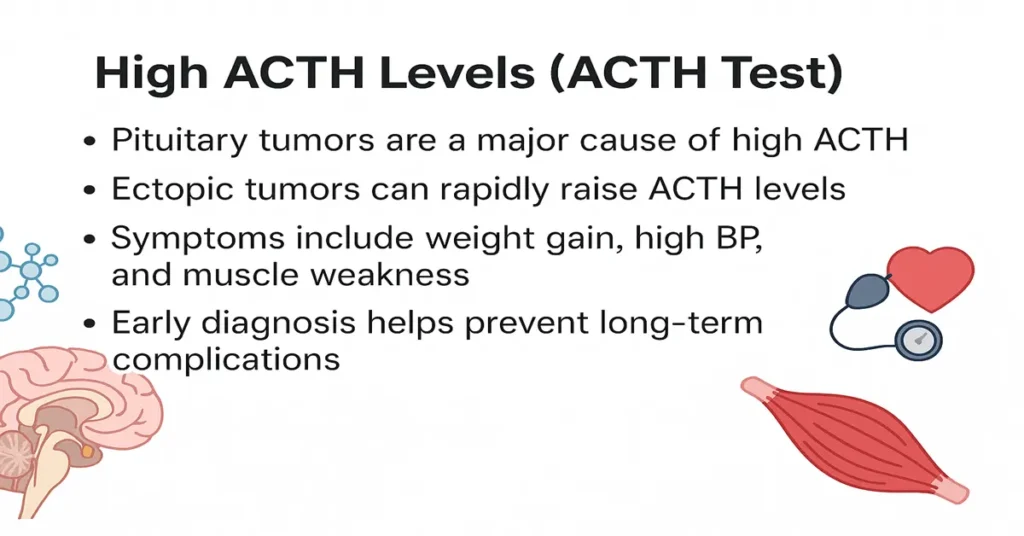 Medical featured image explaining High ACTH Levels with bullet points about pituitary tumors, ectopic ACTH production, symptoms like weight gain, high blood pressure, muscle weakness, and the importance of early diagnosis. Includes pituitary, muscle, and BP-related icons.