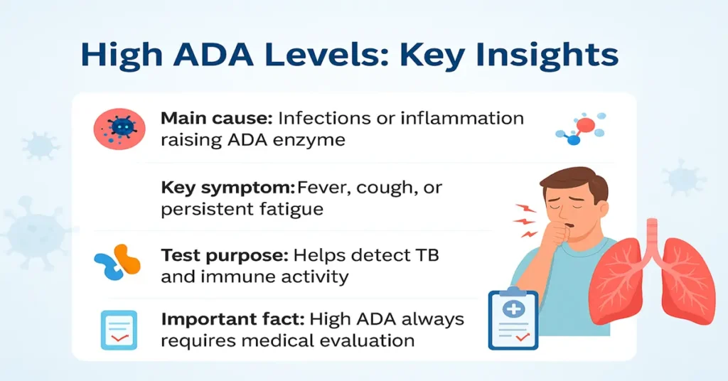 Premium medical infographic explaining high ADA levels with causes, key symptoms, test purpose, and medical evaluation facts in a clean 1200×628 layout.