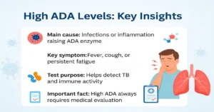 Premium medical infographic explaining high ADA levels with causes, key symptoms, test purpose, and medical evaluation facts in a clean 1200×628 layout.