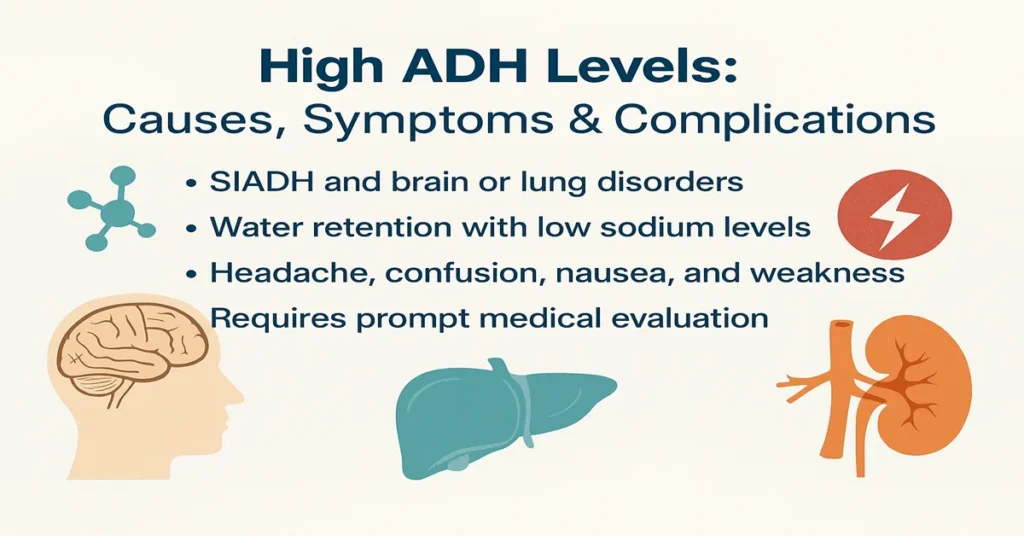 High ADH levels infographic showing SIADH causes, water retention with low sodium, neurological symptoms, and need for medical evaluation