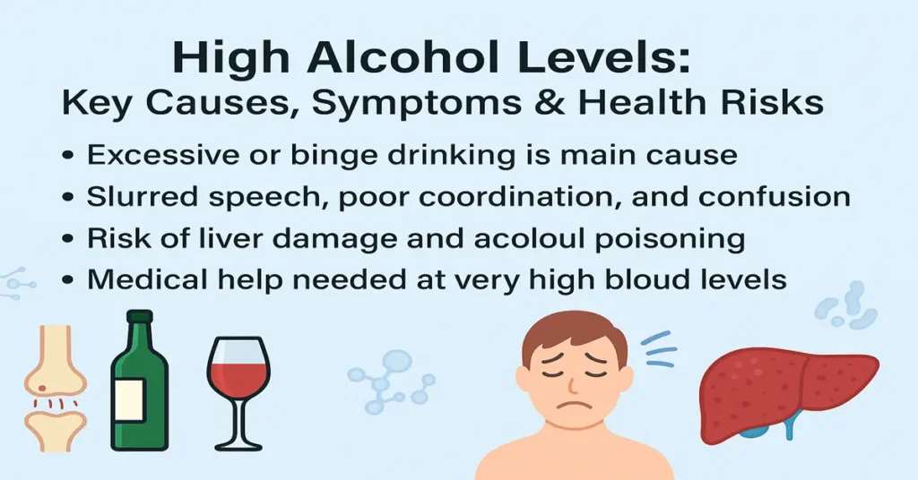Medical infographic showing high alcohol levels with causes like binge drinking, symptoms such as slurred speech and confusion, and risks including liver damage and alcohol poisoning.