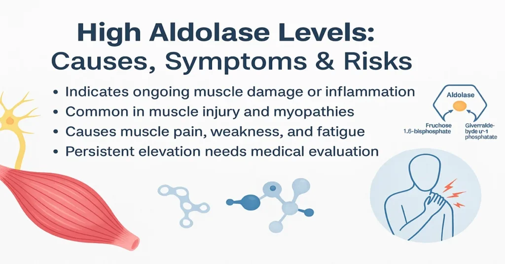 Medical infographic explaining high aldolase levels, showing muscle damage and inflammation, common myopathies, muscle pain and weakness, and the need for medical evaluation.