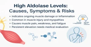 Medical infographic explaining high aldolase levels, showing muscle damage and inflammation, common myopathies, muscle pain and weakness, and the need for medical evaluation.