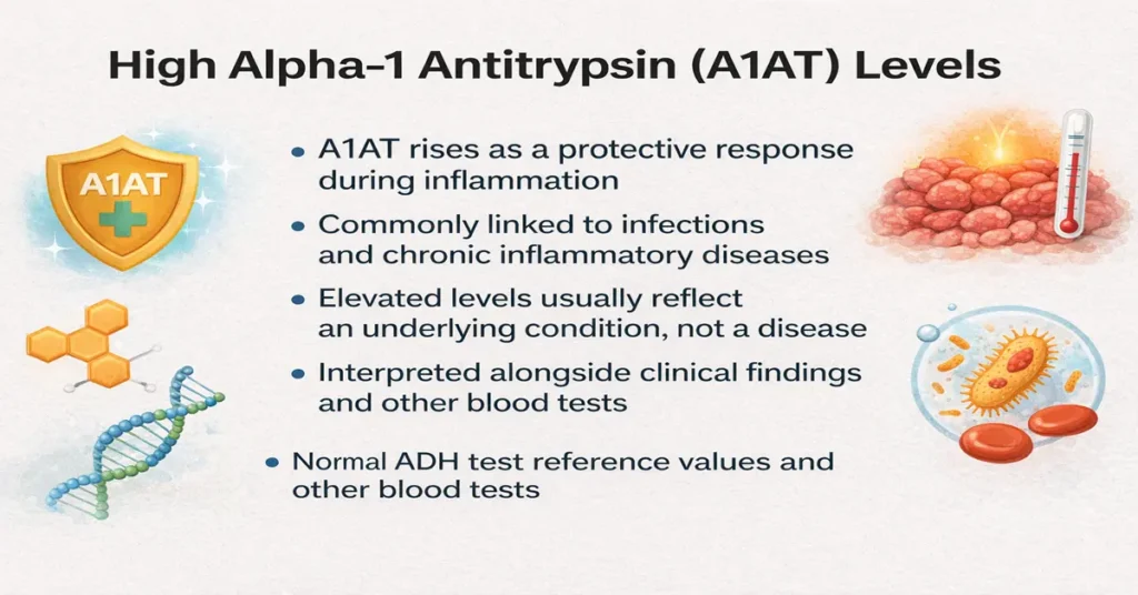High alpha-1 antitrypsin A1AT levels infographic showing inflammatory response, infection links, and clinical interpretation with blood tests
