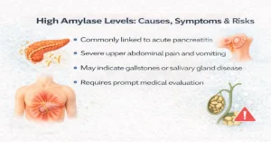 High amylase levels infographic showing acute pancreatitis link, severe abdominal pain, vomiting, gallstones, and need for medical evaluation