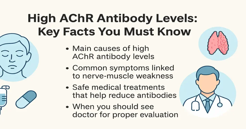 Medical featured image showing the title “High AChR Antibody Levels: Key Facts You Must Know” with four bullet points explaining causes, symptoms, safe treatments, and when to see a doctor, along with realistic medical icons representing nerve–muscle weakness and thymus-related conditions.