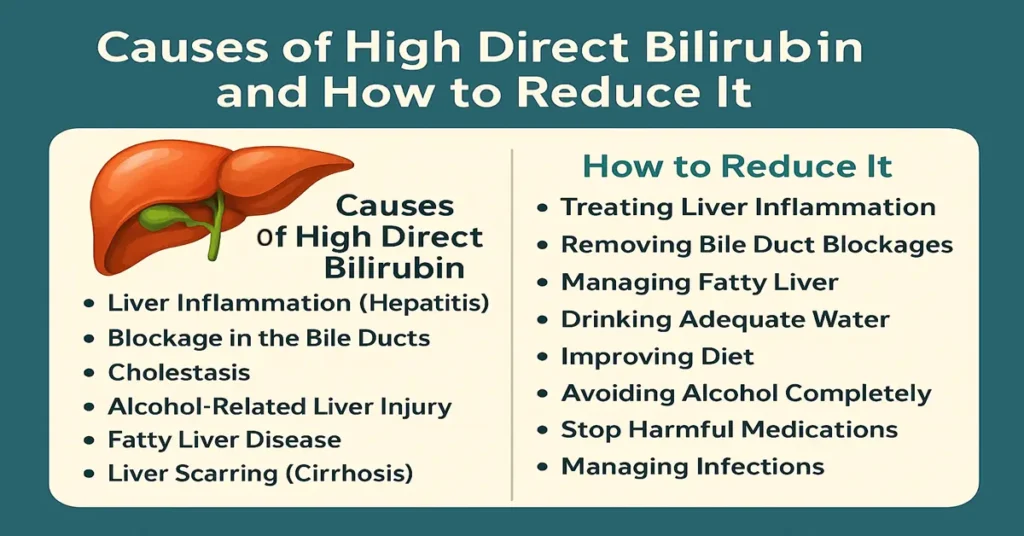 Infographic showing causes of high direct bilirubin and methods to reduce it with liver illustration