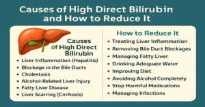 Infographic showing causes of high direct bilirubin and methods to reduce it with liver illustration