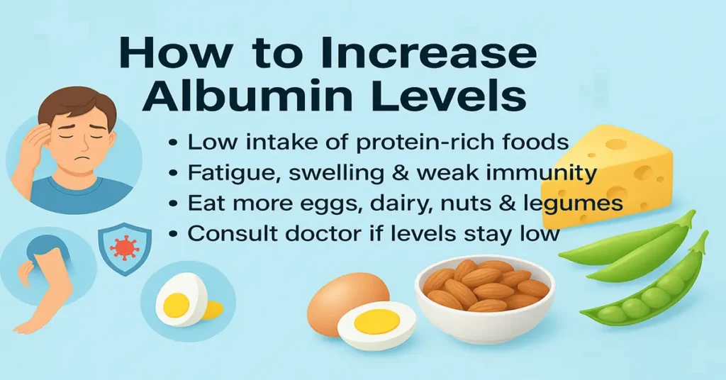 Medical featured image showing how to increase albumin levels with key points, symptoms icons, and protein-rich foods.
