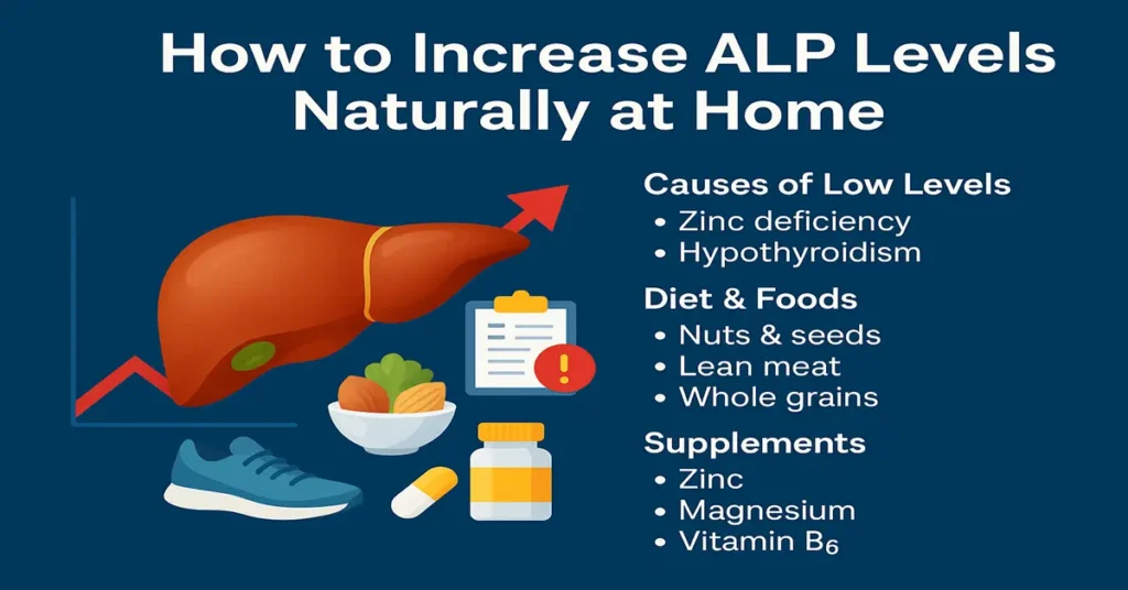 Infographic showing how to increase ALP levels naturally at home with liver illustration, causes of low ALP, diet tips, nuts and seeds, lean meat, whole grains, and supplements like zinc, magnesium and vitamin B6