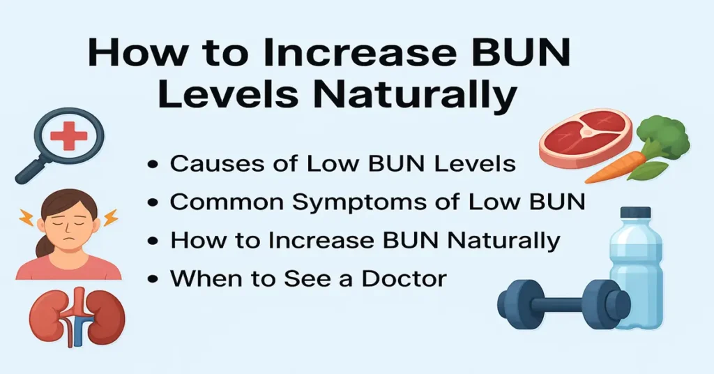 Medical featured image showing causes of low BUN levels, symptoms of low BUN, natural ways to increase BUN, and when to see a doctor.