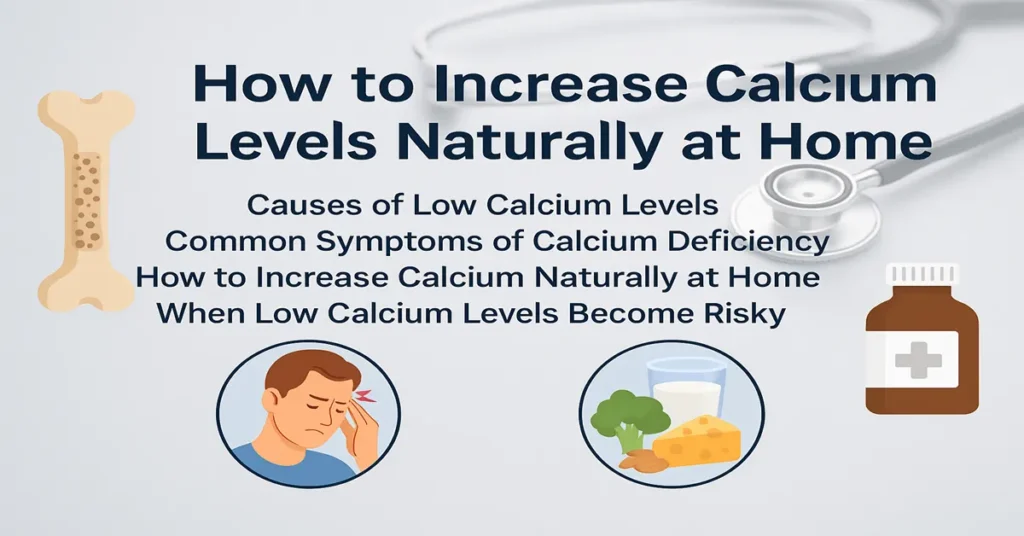 Featured image explaining how to increase calcium levels naturally at home with bullet points on causes of low calcium, symptoms of calcium deficiency, natural ways to increase calcium, and when low calcium becomes risky, with medical-themed graphics.