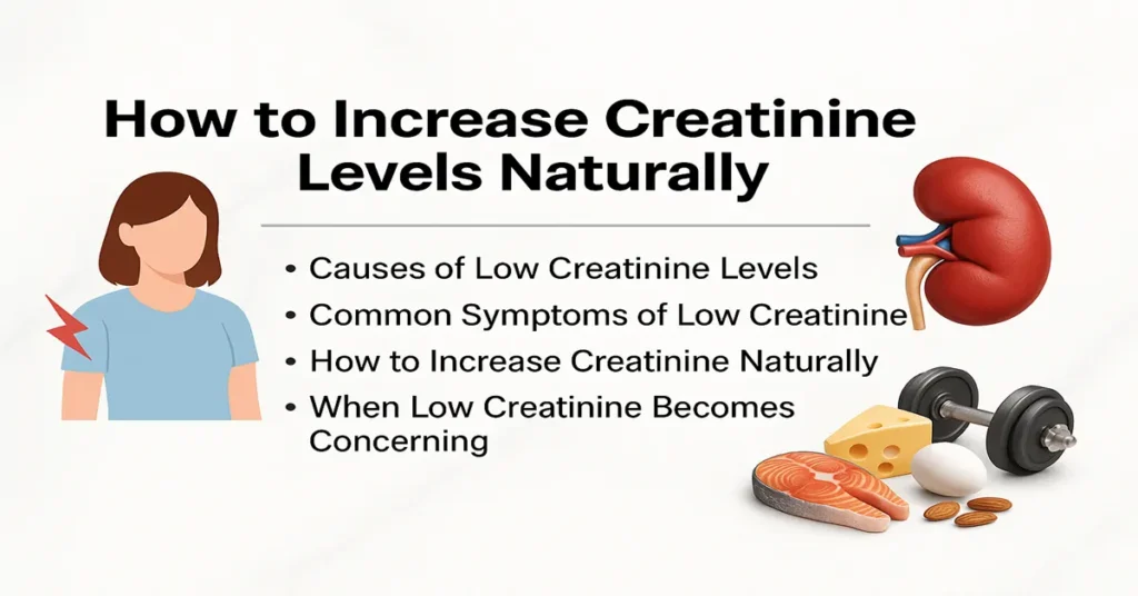 Medical featured image showing causes of low creatinine, symptoms of low creatinine, natural ways to increase creatinine levels, and when low creatinine becomes concerning.