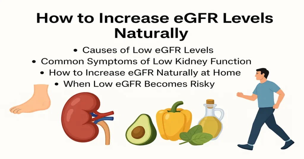 Professional medical featured image showing tips to increase eGFR naturally with kidney graphics, symptoms icons, and healthy food visuals.