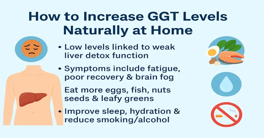 Medical featured image showing natural ways to increase GGT levels with liver icons, healthy foods, hydration symbols, and lifestyle graphics.