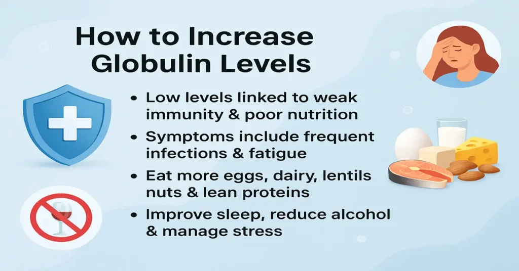 Medical featured image showing tips to increase globulin levels naturally with immunity icons and protein-rich food graphics.