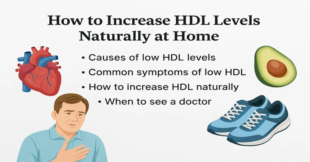 Medical featured image showing the topic “How to Increase HDL Levels Naturally at Home” with four bullet points on causes of low HDL, symptoms, natural ways to increase HDL, and when to see a doctor, along with realistic HDL-related graphics.